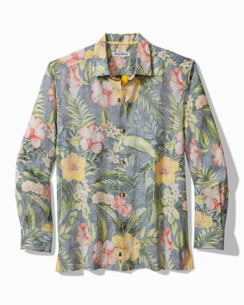 Midnight Hibiscus Long-Sleeve Linen Shirt