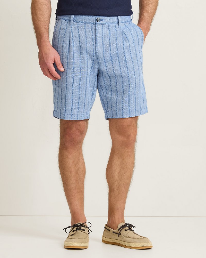 Isla Shores Stripe Linen-Blend Half E-Waist 9-Inch Shorts