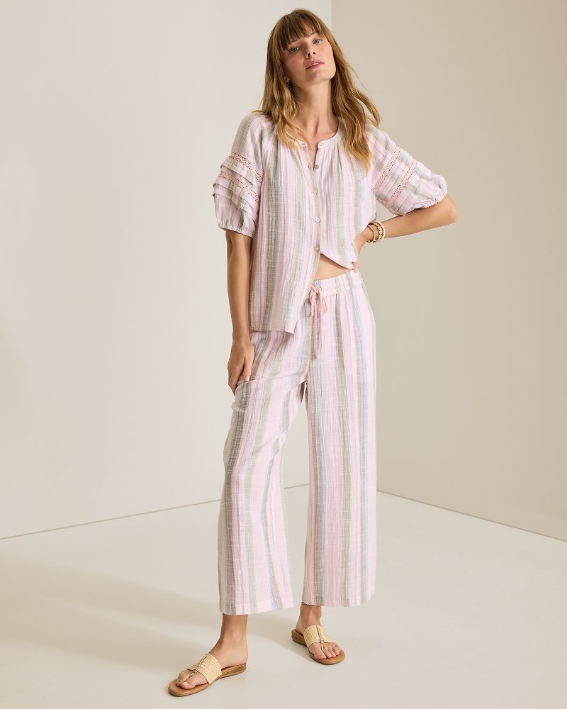 Island Gauze Stripe High-Rise Wide-Leg Cropped Pants