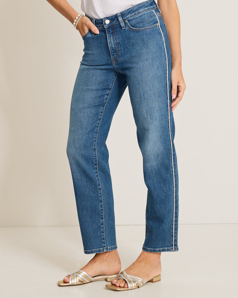 Mid-Rise Straight-Leg Sparkle Tuxedo Stripe Jeans