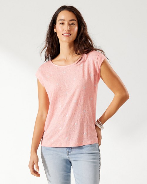 Linnea Twist-Sleeve Palm Tree Linen T-Shirt