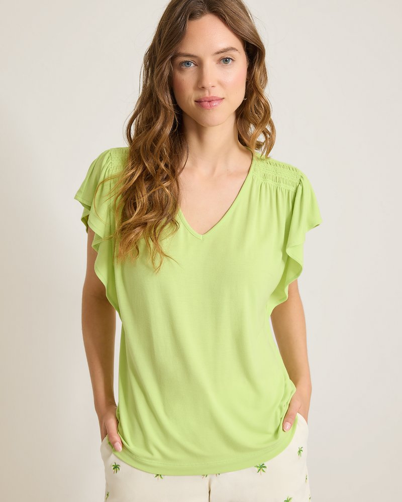 Kauai Smocked Flutter-Sleeve Top