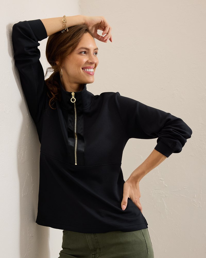 Palm Voyage Satin Trim Half-Zip Sweatshirt