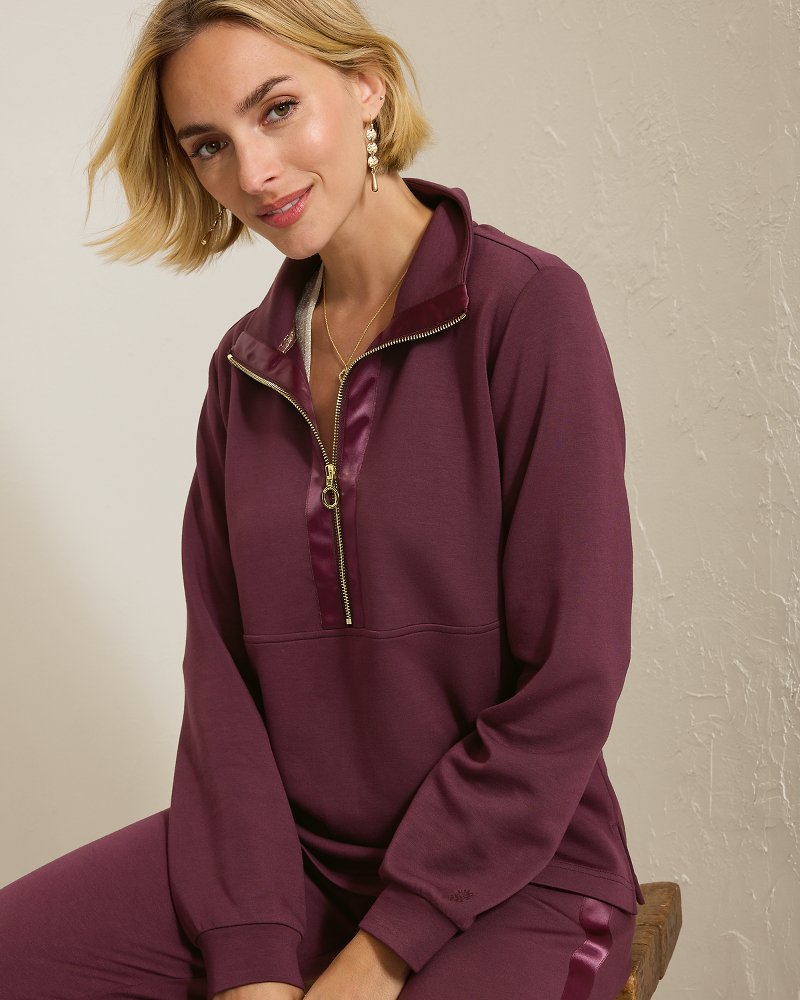 Palm Voyage Satin Trim Half-Zip Sweatshirt