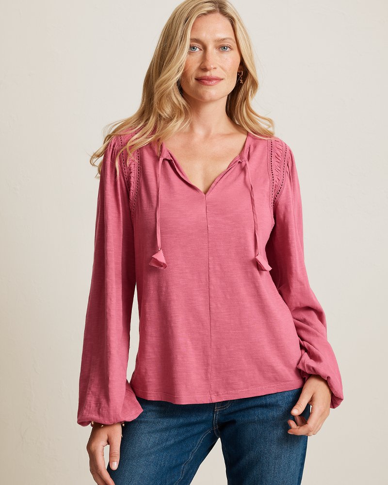 Mixed Media Ruched Trim Long-Sleeve Top