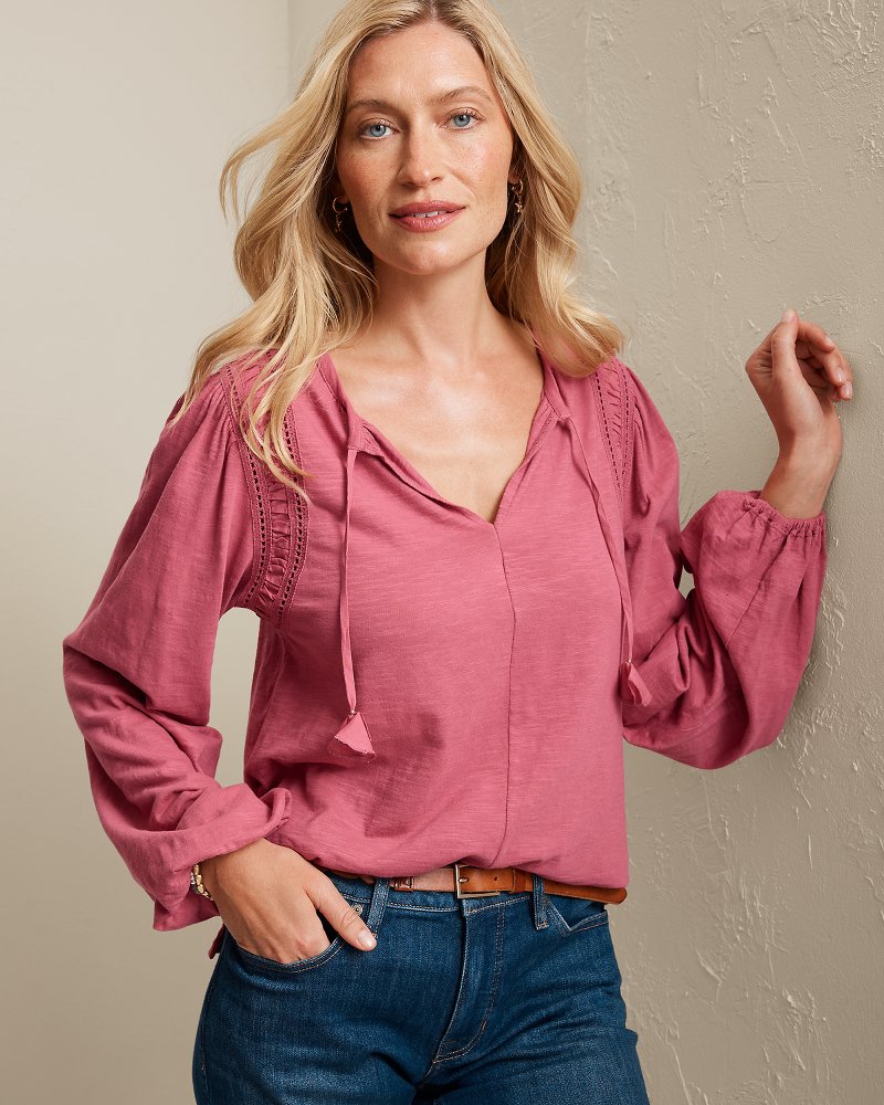 Mixed Media Ruched Trim Long-Sleeve Top