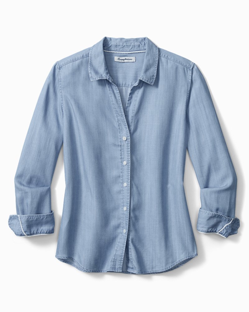 A great summer combo of a light blue #chambray shirt & grey check #shorts:  lookastic.com/20546