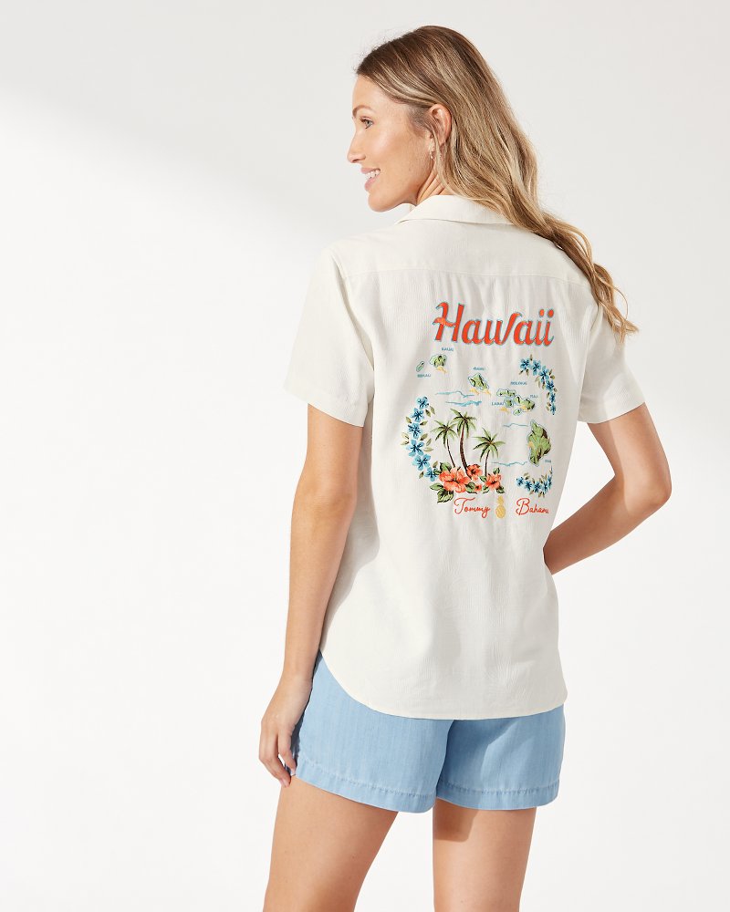 Tommy Bahama Women's Hawaiian Hot Spots Embroidered Silk Camp Shirt - Continental - Size L