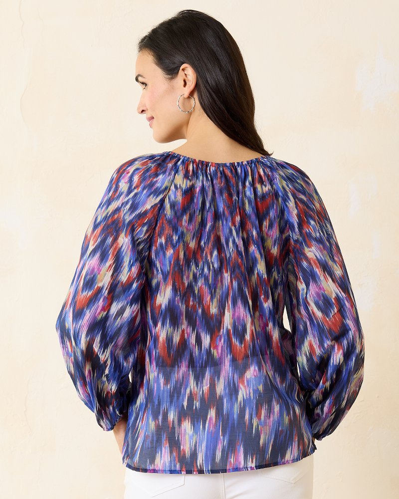 Agua Amara Iridescent Ikat Long-Sleeve Peasant Top