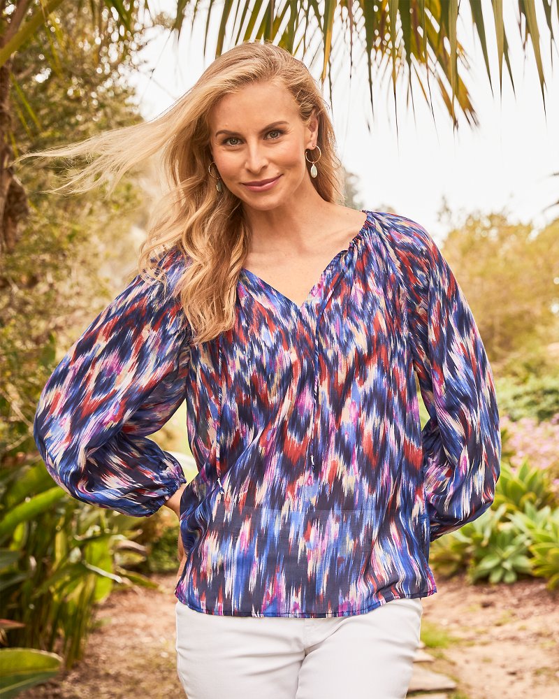 Agua Amara Iridescent Ikat Long-Sleeve Peasant Top