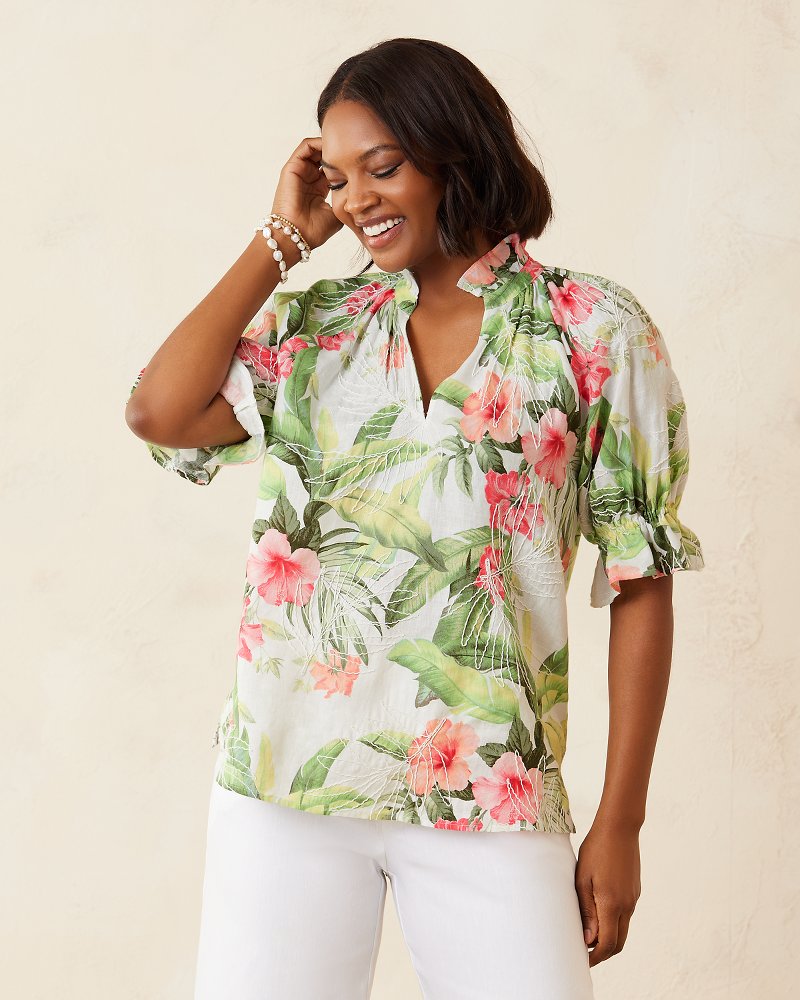 Coastalina Daybreak Hibiscus Embroidered Linen Top