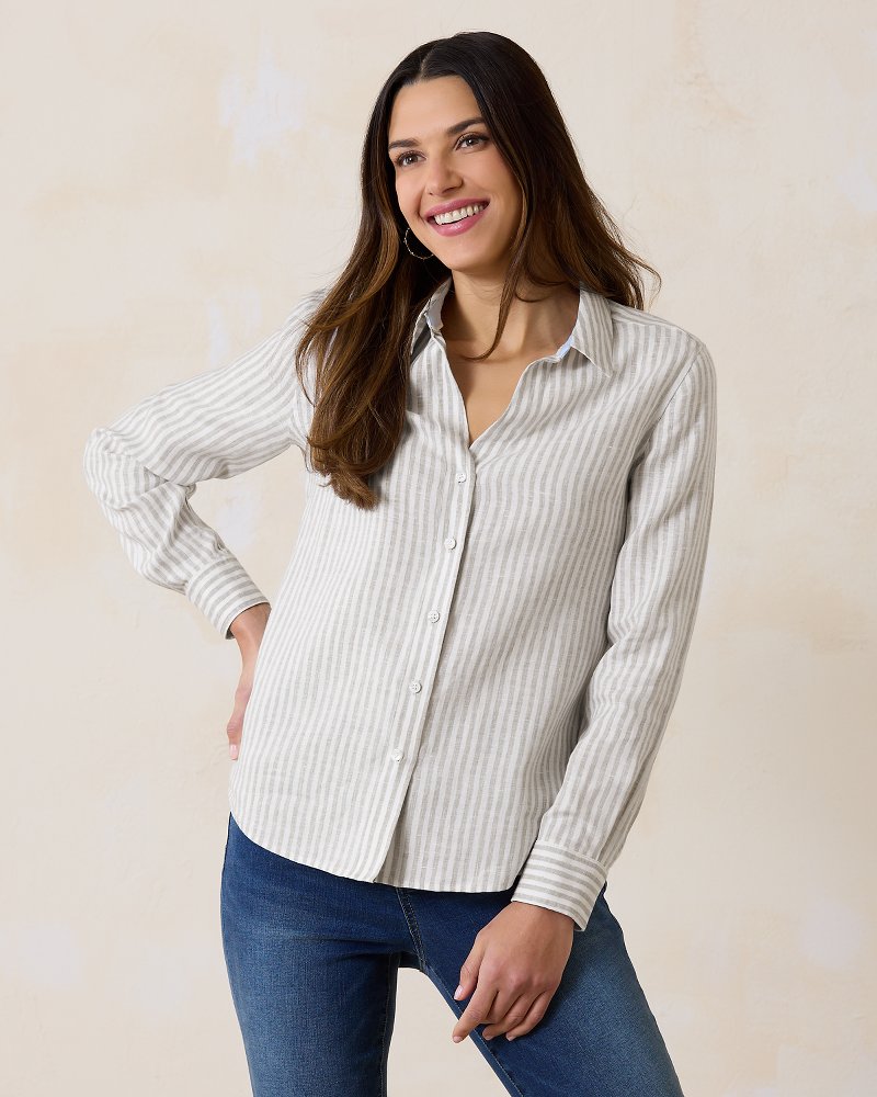 Coastalina Ocean Surf Stripe Linen Long-Sleeve Shirt