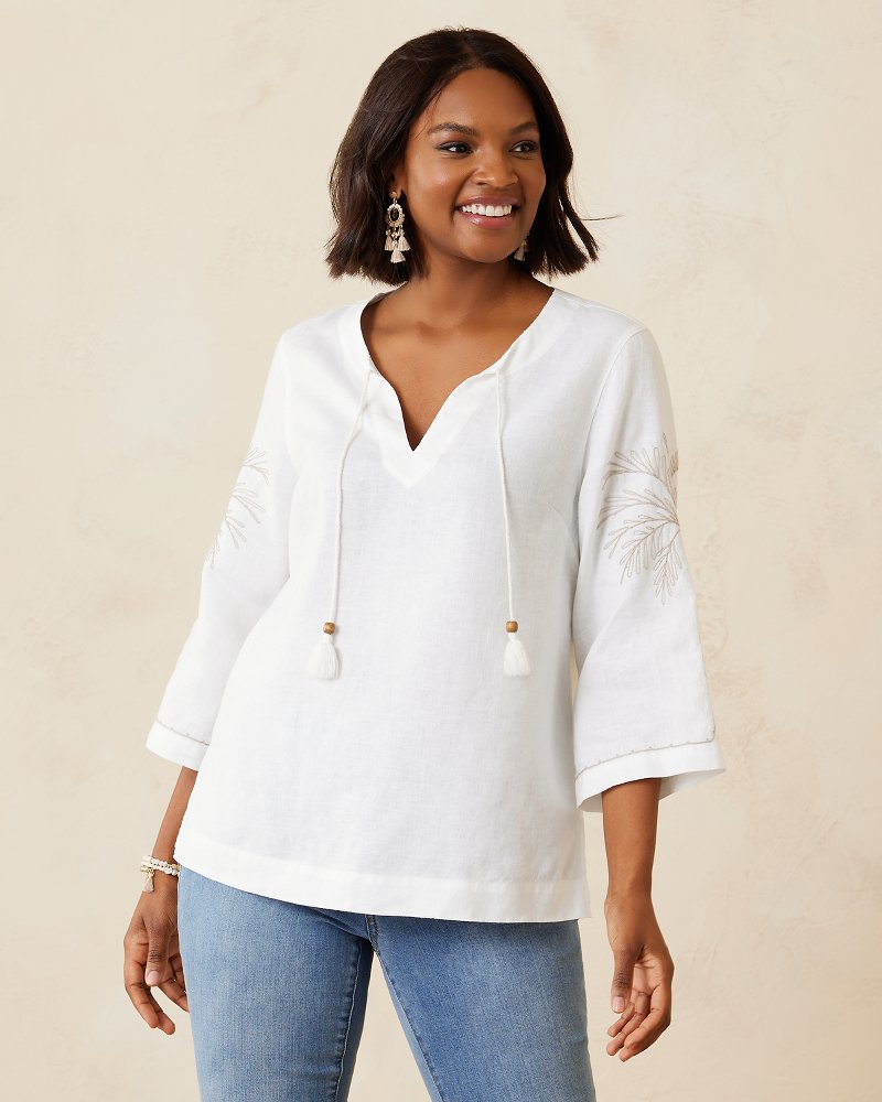 Coastalina Breezy Palms Embroidered Linen Top