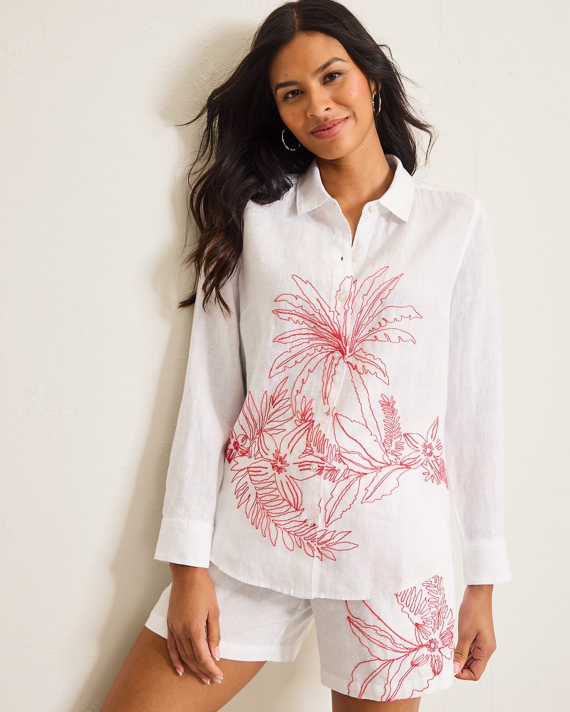 Coastalina Portico Palms Embroidered Linen Shirt