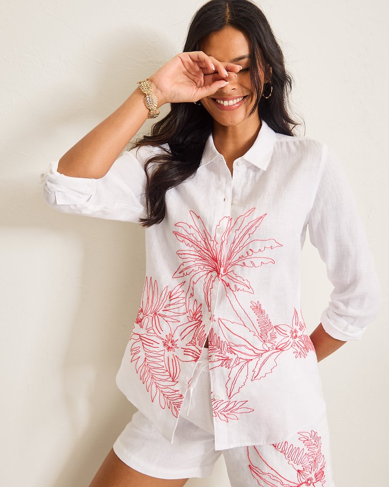 Coastalina Portico Palms Embroidered Linen Shirt