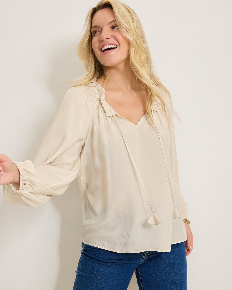 Silky Seas Smocked Peasant Top