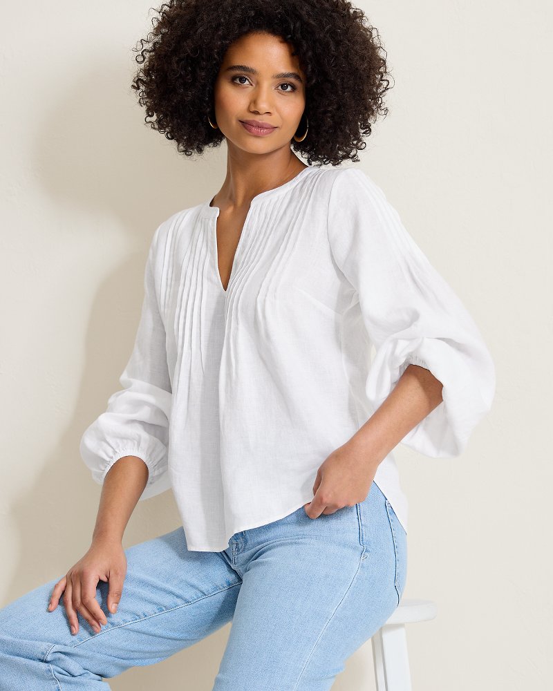 Coastalina Linen Pintuck Peasant Top
