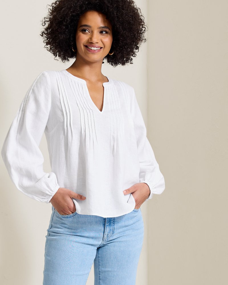 Thumbnail for Coastalina Linen Pintuck Peasant Top
