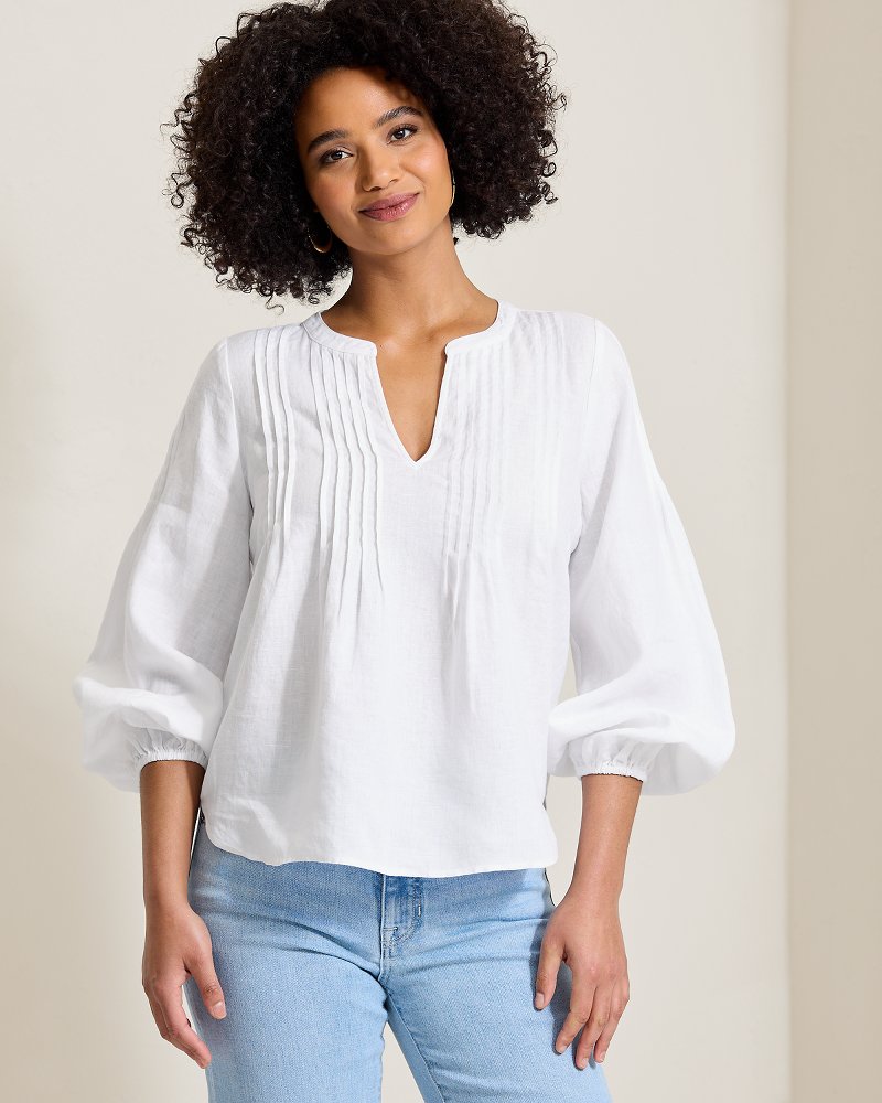 Coastalina Linen Pintuck Peasant Top