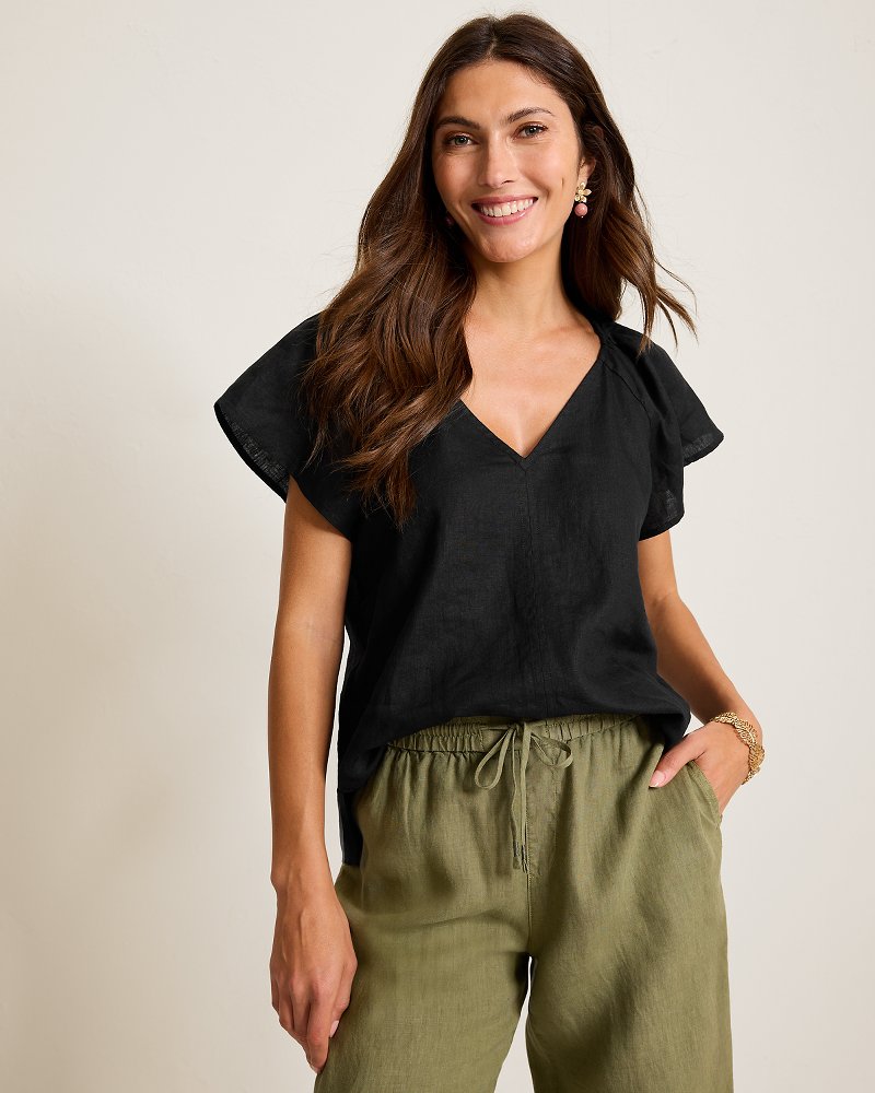 Coastalina Linen V-Neck Flutter Top