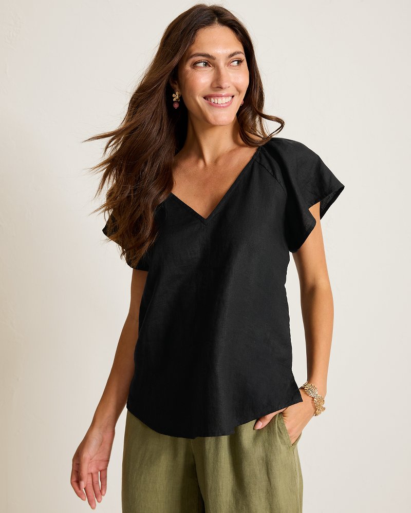 Coastalina Linen V-Neck Flutter Top