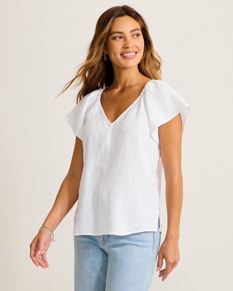 Coastalina Linen V-Neck Flutter Top