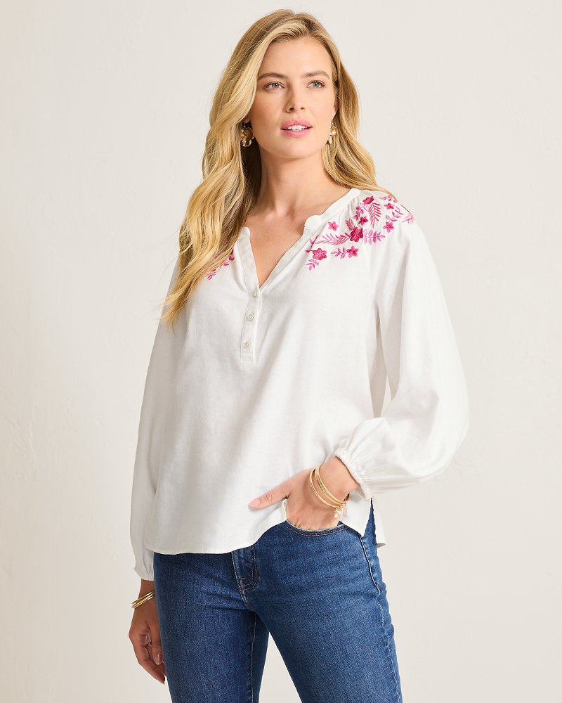 Coastal Tide Embroidered Linen-Blend Peasant Top