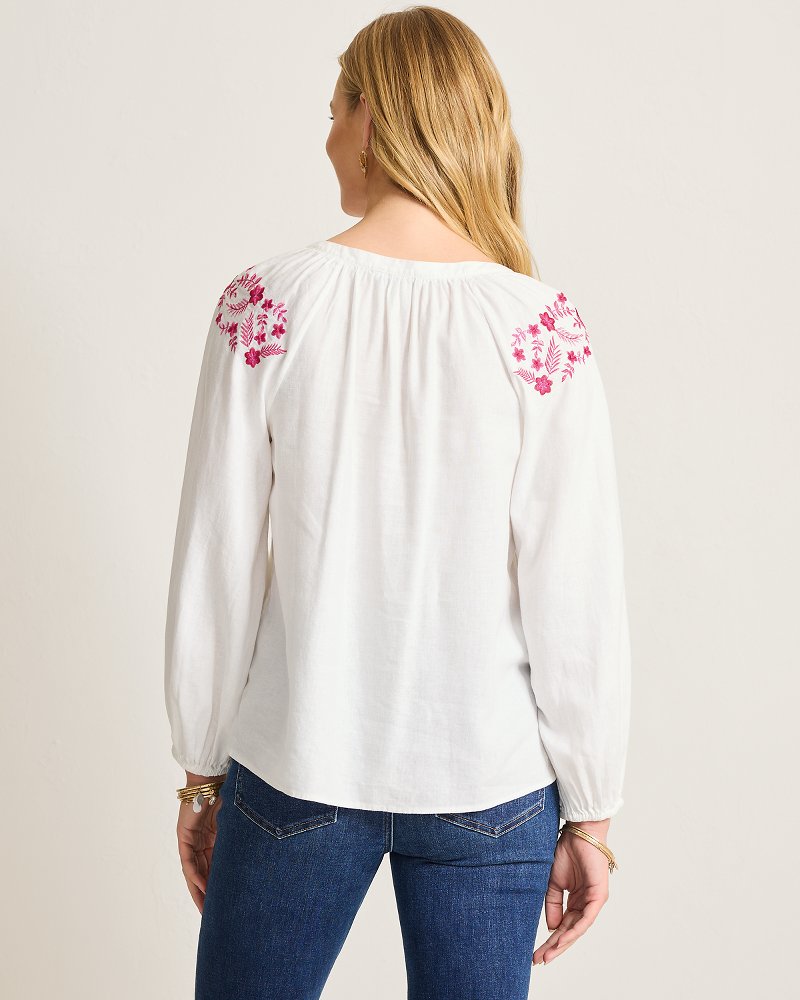 Thumbnail for Palm Shores Embroidered Linen-Blend Peasant Top
