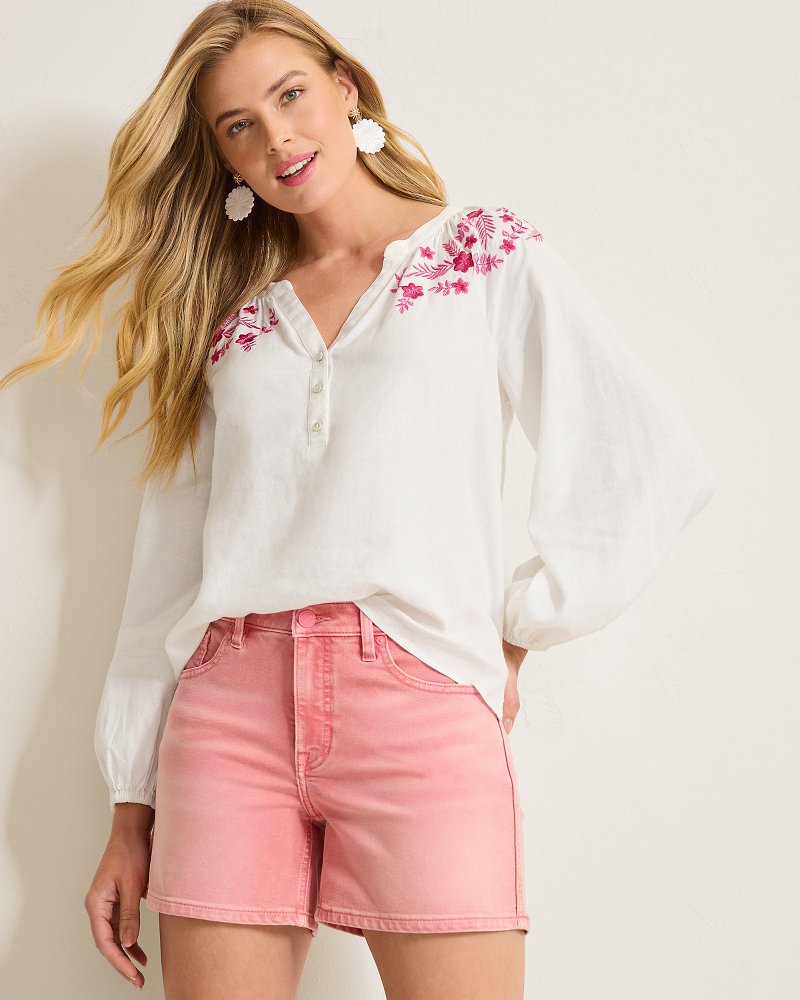 Thumbnail for Palm Shores Embroidered Linen-Blend Peasant Top