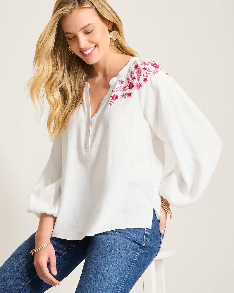 Coastal Tide Embroidered Linen-Blend Peasant Top