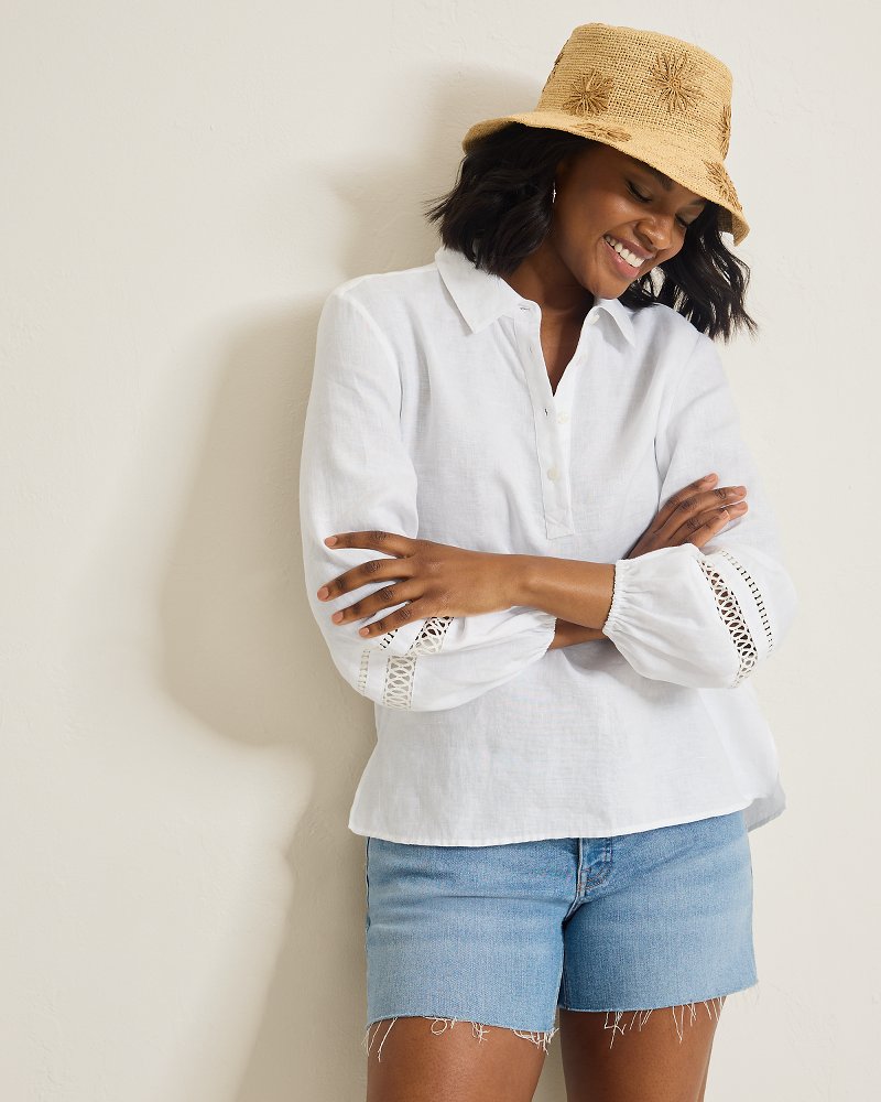 Coastalina Linen Collared Peasant Top