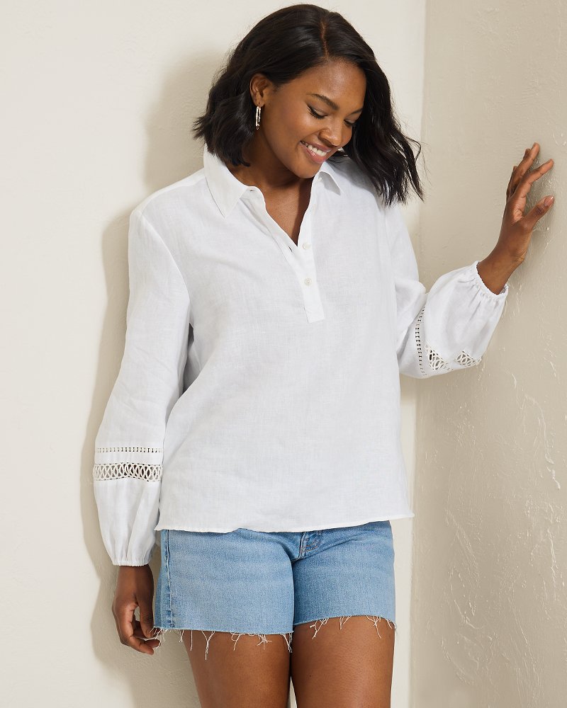 Thumbnail for Coastalina Linen Collared Peasant Top