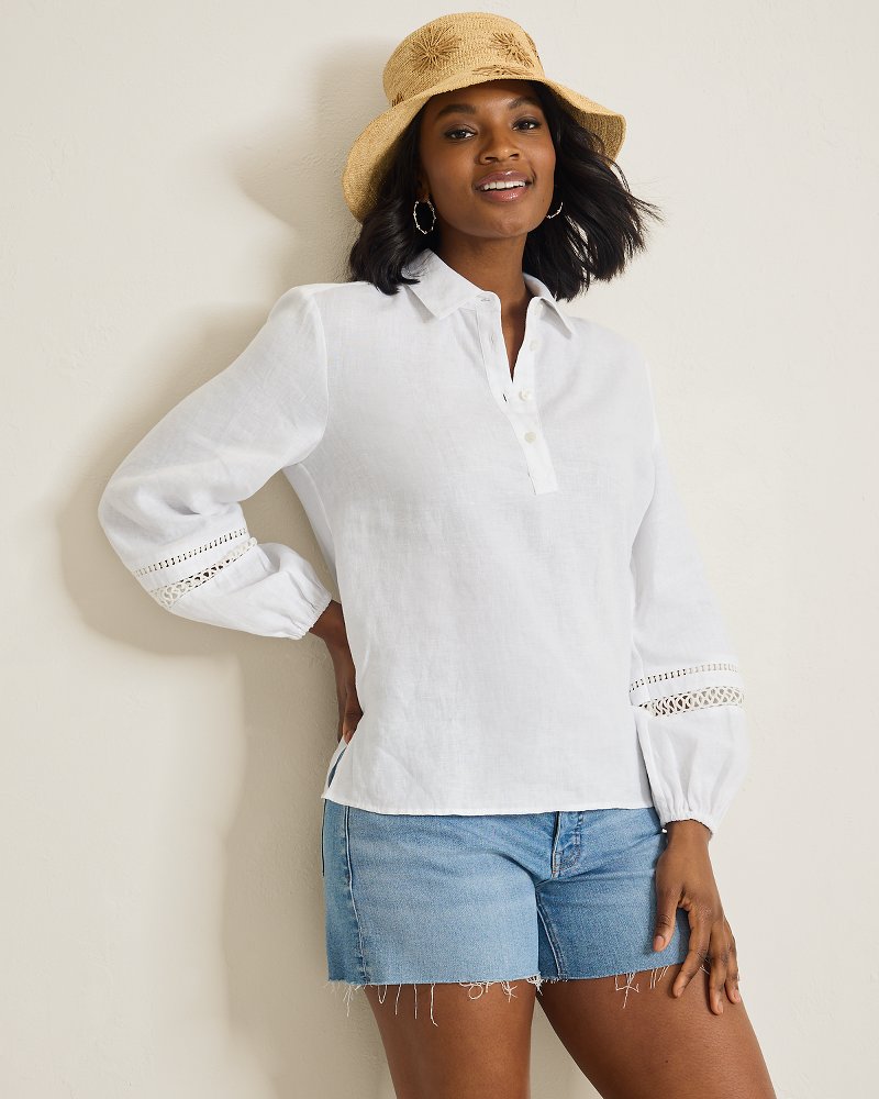 Coastalina Linen Collared Peasant Top