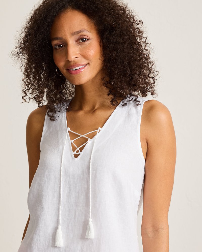 Thumbnail for Coastalina Linen V-Neck Tie-Front Top