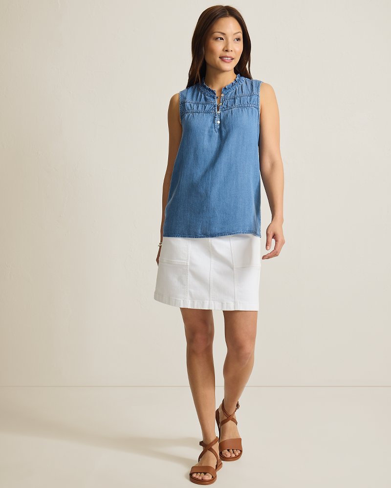 Chambray O'Lei Linen-Blend Ruffle Top