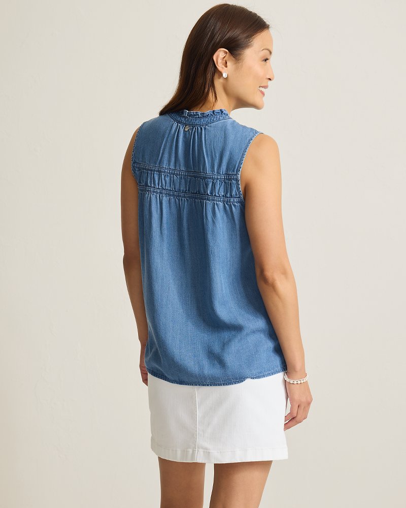 Thumbnail for Chambray O'Lei Linen-Blend Ruffle Top