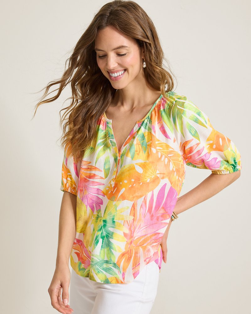 Tropicana Isle Puff-Sleeve Linen-Blend Top