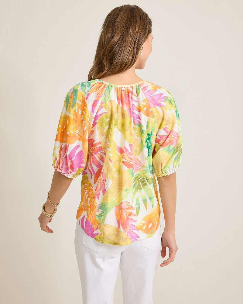 Thumbnail for Tropicana Isle Puff-Sleeve Linen-Blend Top