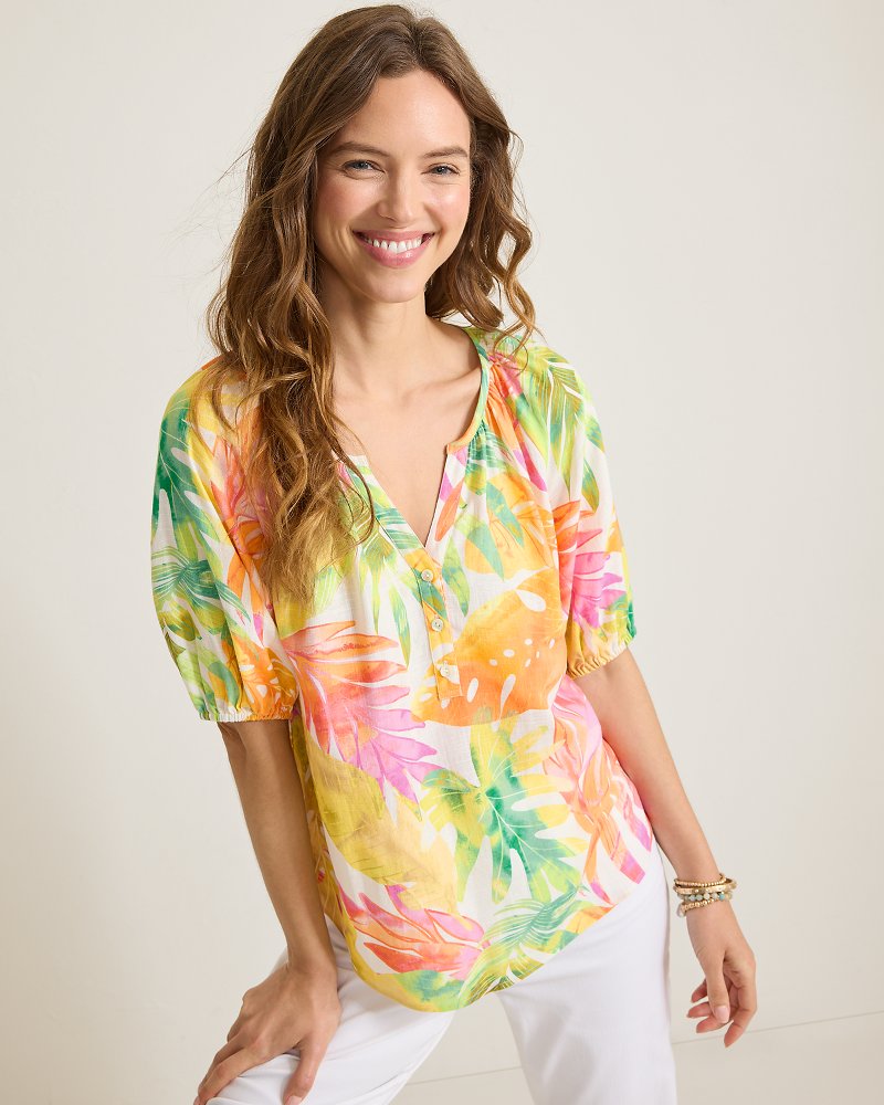 Tropicana Isle Puff-Sleeve Linen-Blend Top