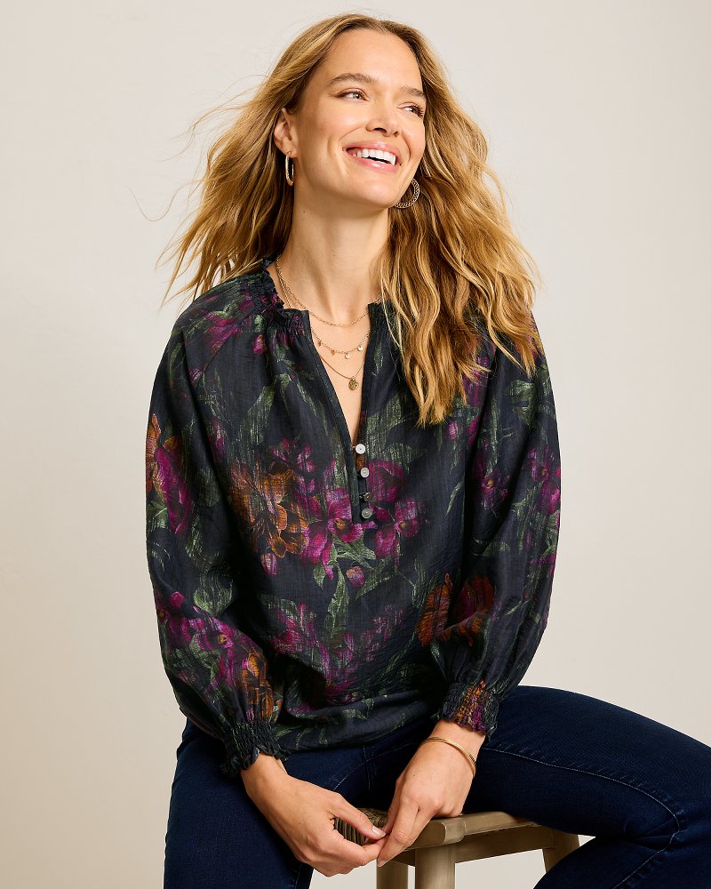 Orchid Isle Linen-Blend Blouse