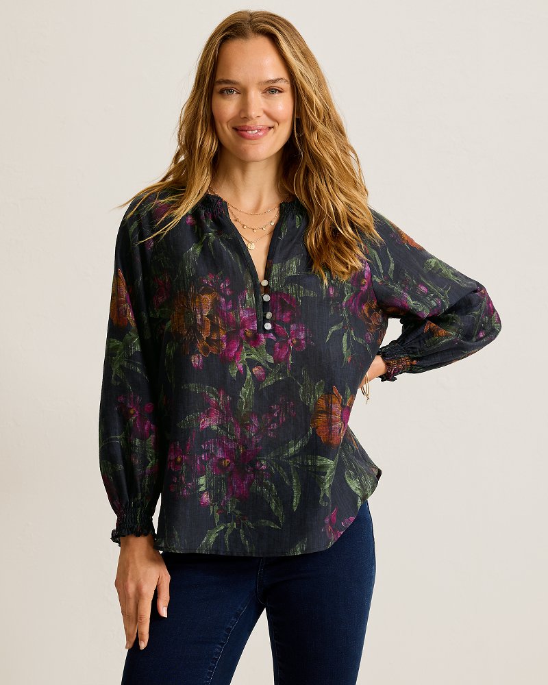 Orchid Isle Linen-Blend Blouse