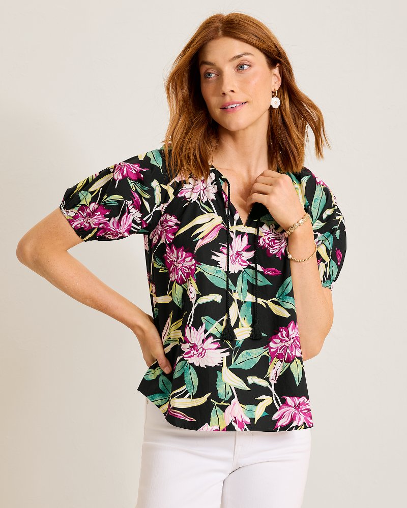 Twilight Bloom Puff-Sleeve Poplin Top