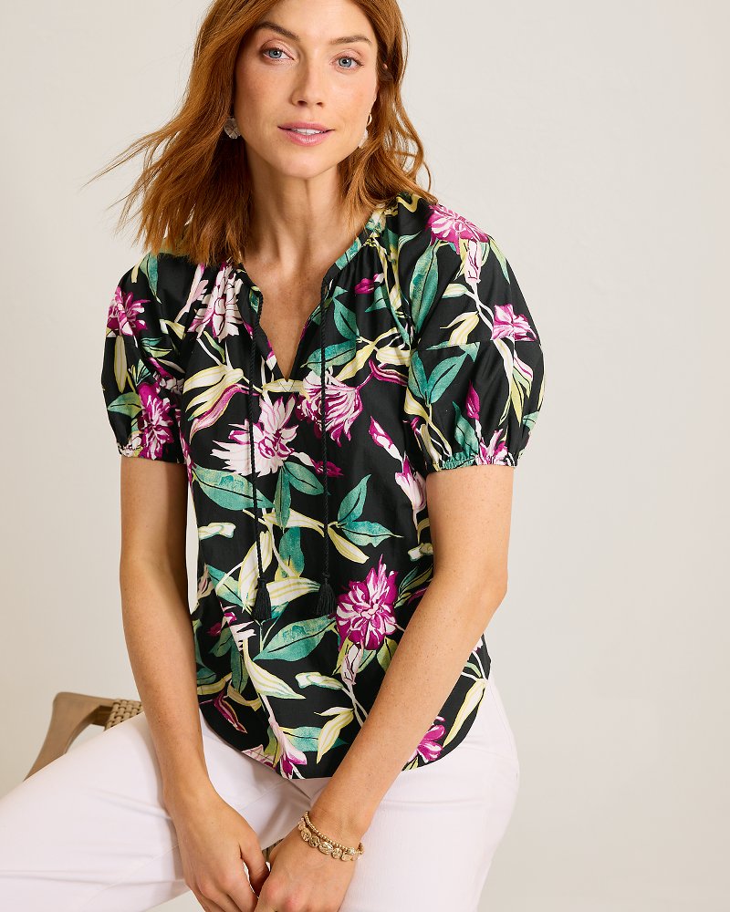 Twilight Bloom Puff-Sleeve Poplin Top