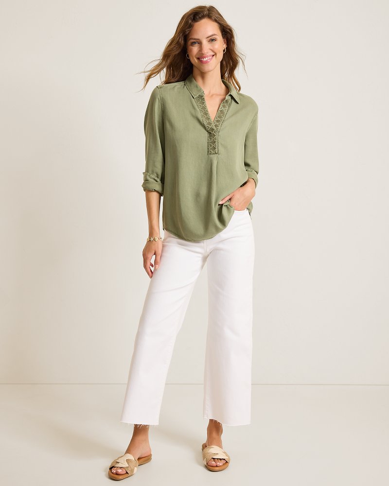 Sun-Washed Linen-Blend Embroidered Top