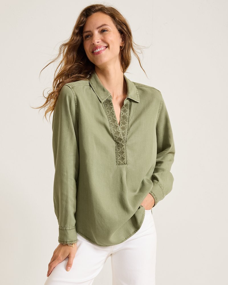 Sun-Washed Linen-Blend Embroidered Top