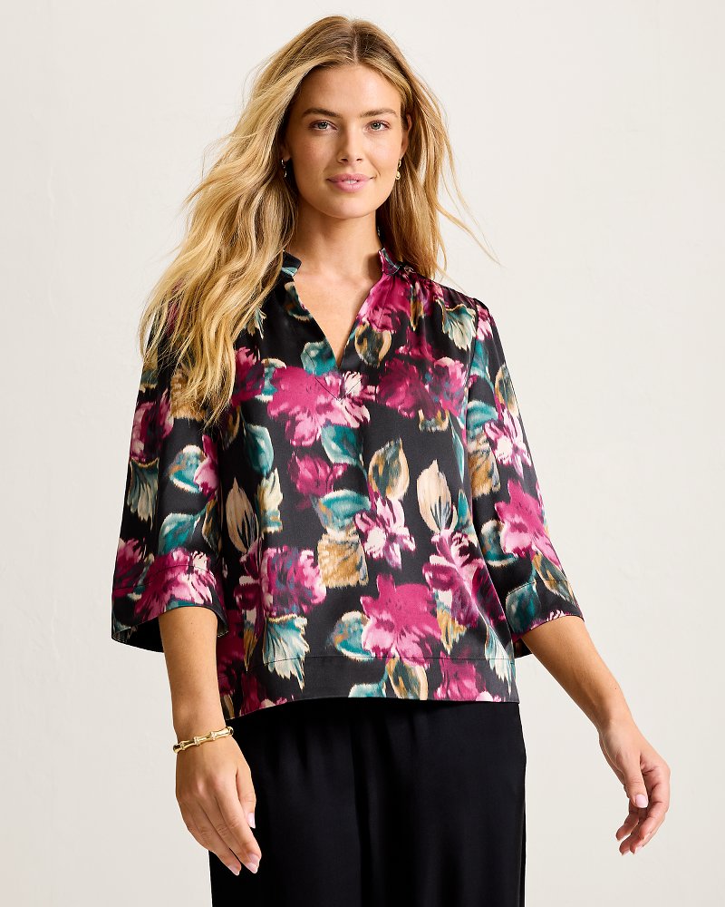 Jeweled Blooms Silk 3/4-Sleeve Top