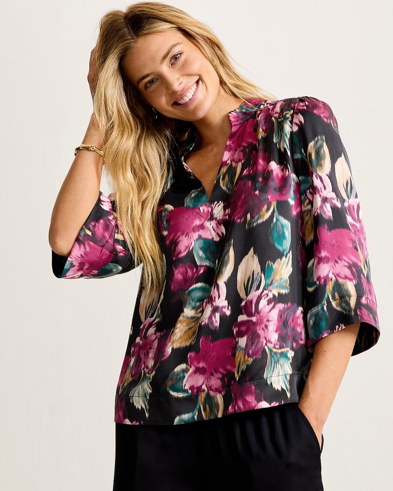 Jeweled Blooms Silk 3/4-Sleeve Top