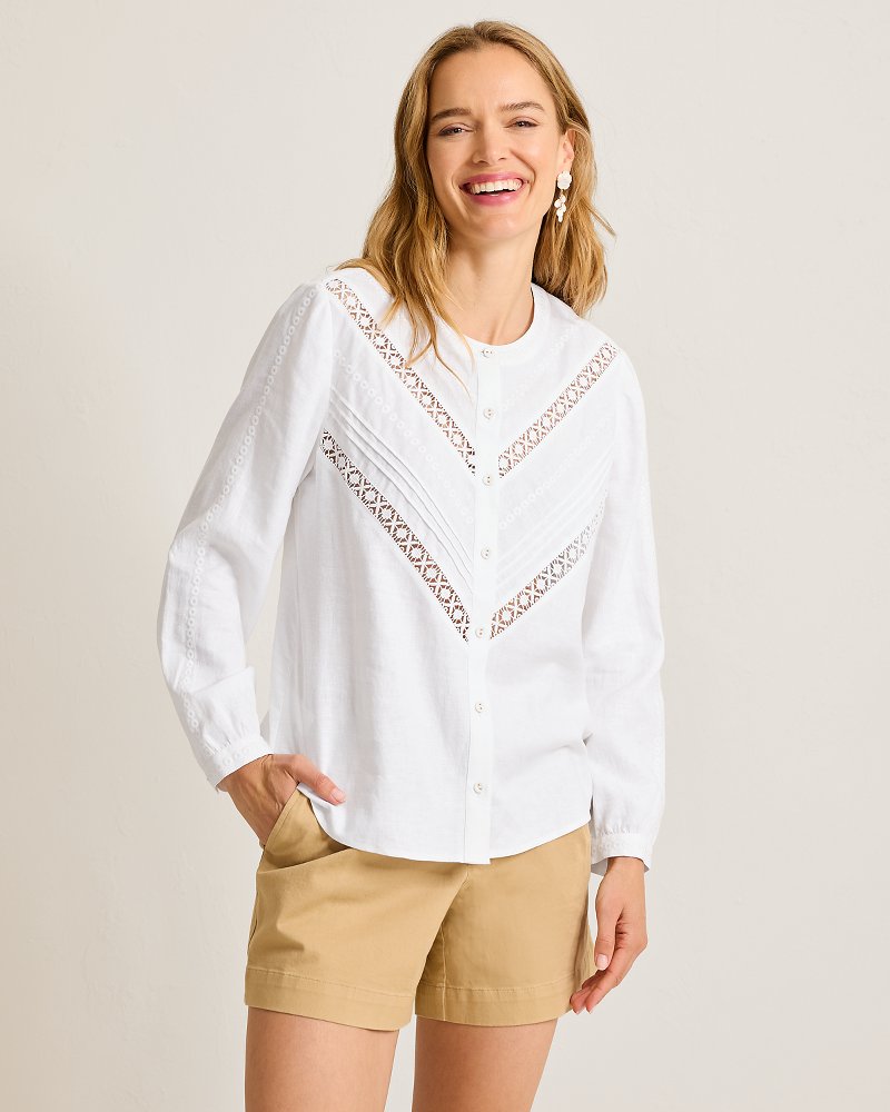 Palm Shores Lace Trim Linen-Blend Top