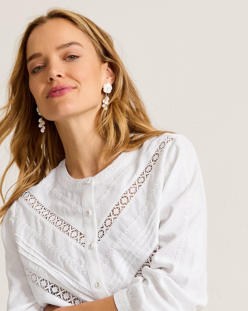Palm Shores Lace Trim Linen-Blend Top