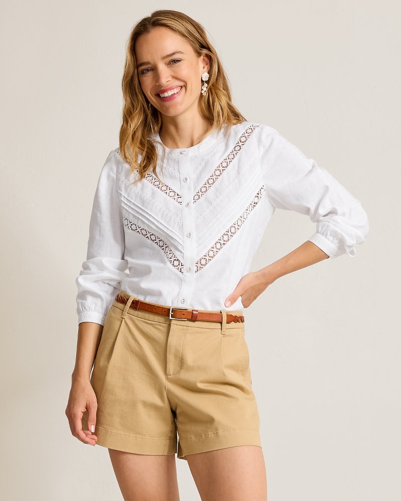 Palm Shores Lace Trim Linen-Blend Top